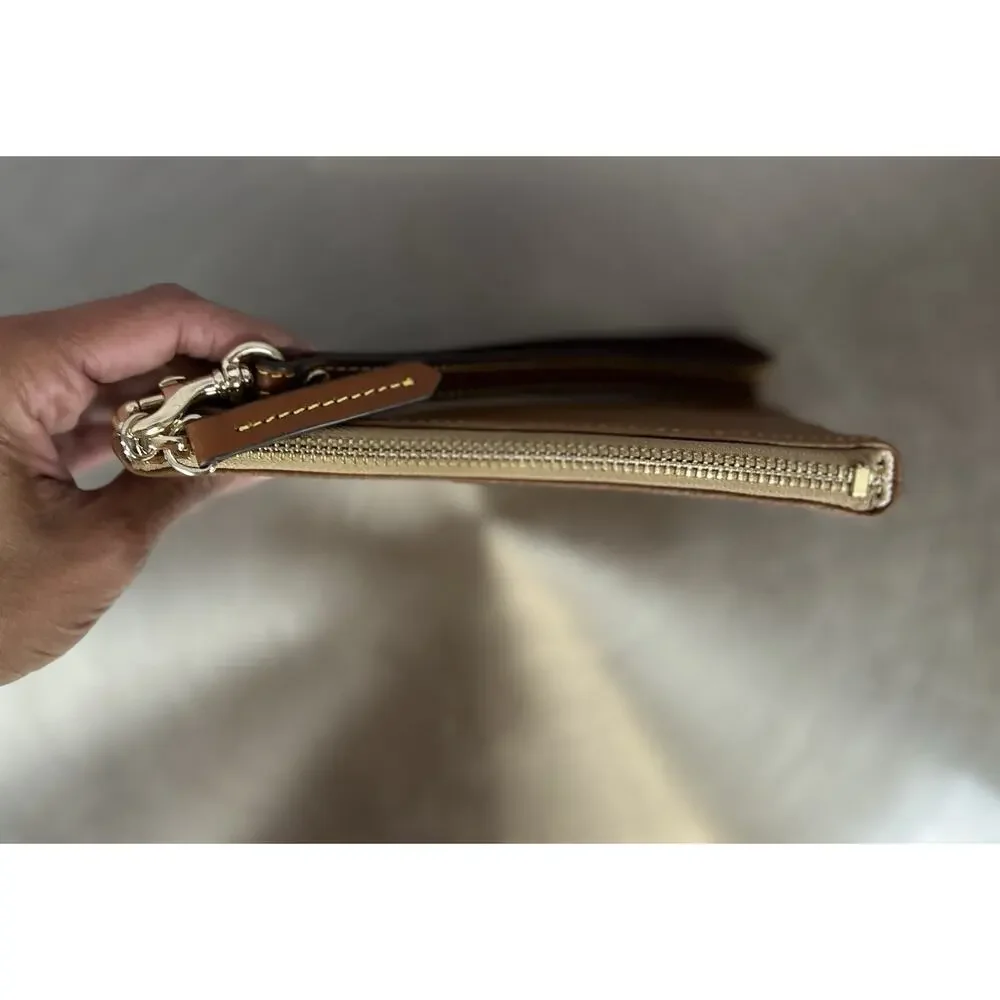 Dooney & Bourke Pebble Grain Large Wristlet Caramel Brown Leather Clutch Wallet